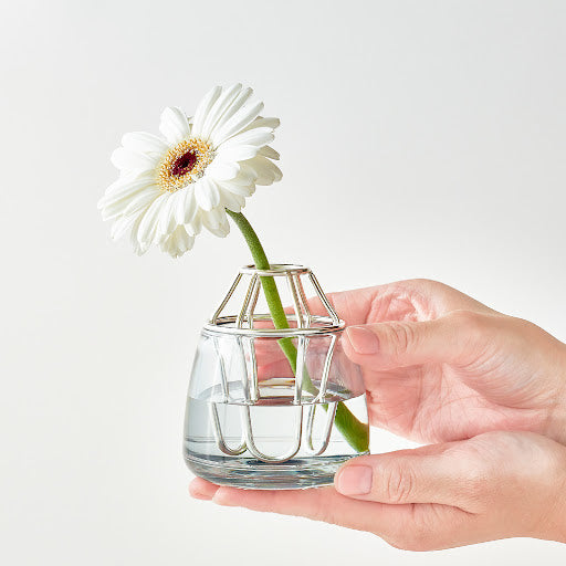 A hand holds a petite vase with a pristine white flower, capturing the essence of nature's beauty in a simple design.