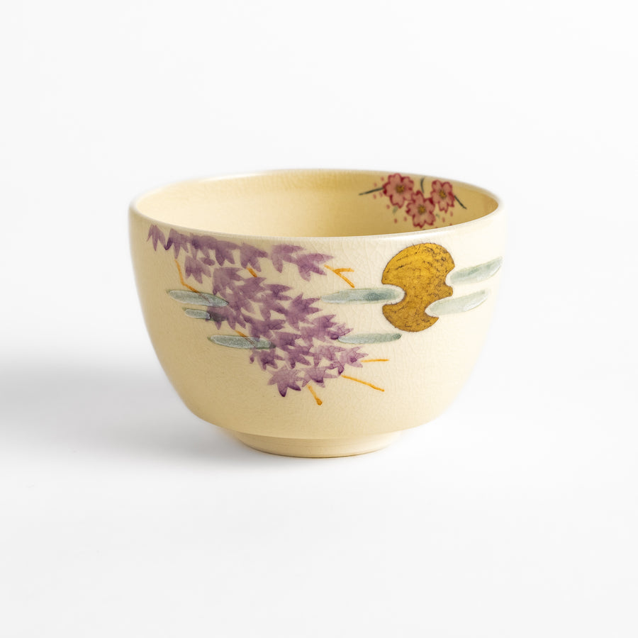 Handcrafted Matcha bowl with a pink and white floral design, ideal for enjoying a traditional Japanese tea ceremony.