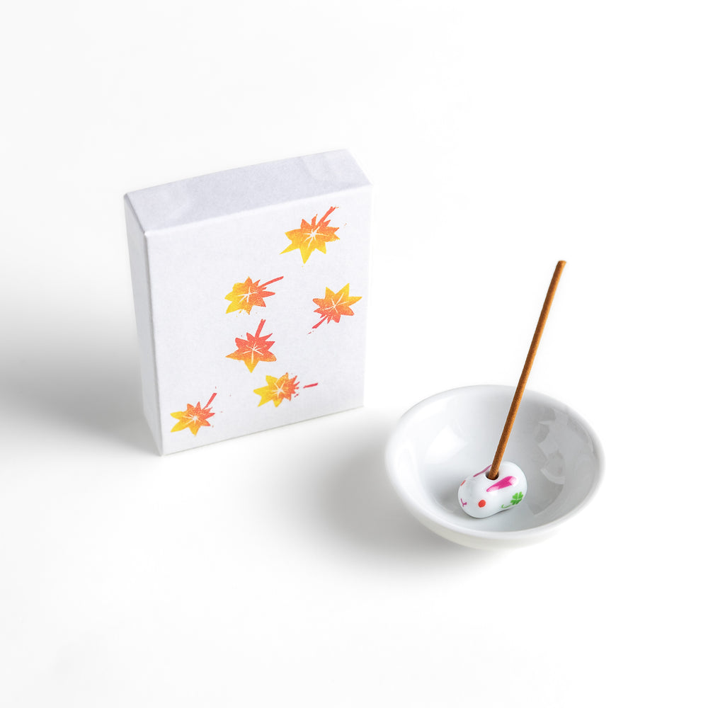 Incense featuring warm-toned sticks in a box decorated with vibrant autumn maple leaves, offering a rich, earthy fragrance inspired by the essence of fall.