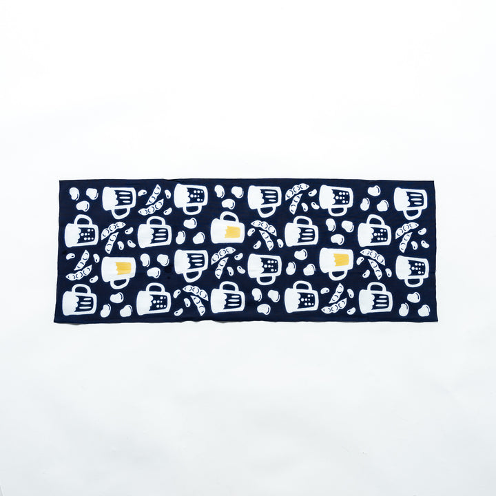 Fully extended dark navy tenugui showcasing beer mugs, soybeans, and edamame patterns in white and yellow.