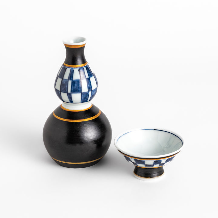 Elegant Japanese Sake Set featuring a black and white checkered design, perfect for enjoying your favorite sake.