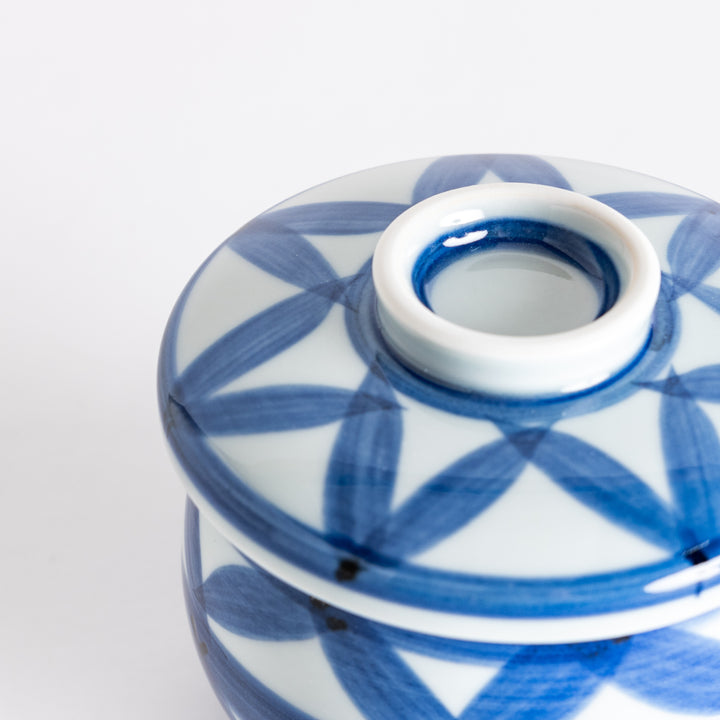 Close-up of the lid of the Chawanmushi Bowl, showcasing the detailed geometric design and colors.