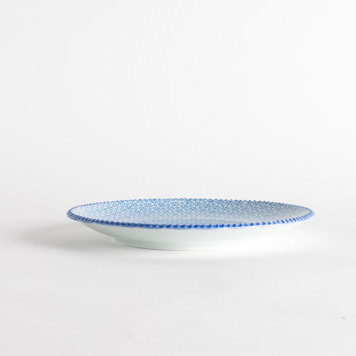 Side view of the blue sesame salad plate, highlighting the textured edge and the blue floral design on the surface.