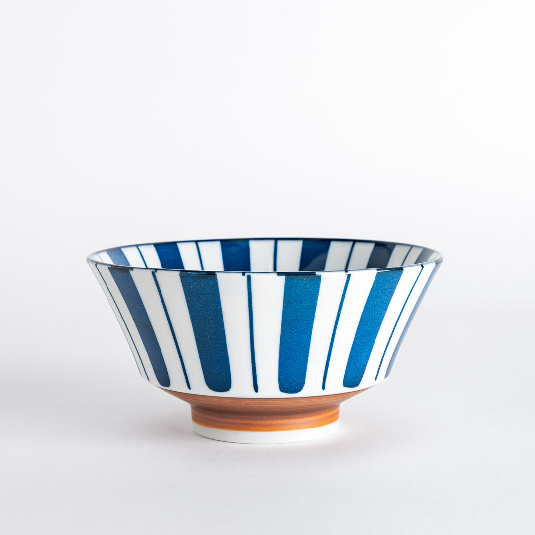 Striking blue striped pattern adorns this elegant bowl, featuring a smooth finish and a gentle flare.