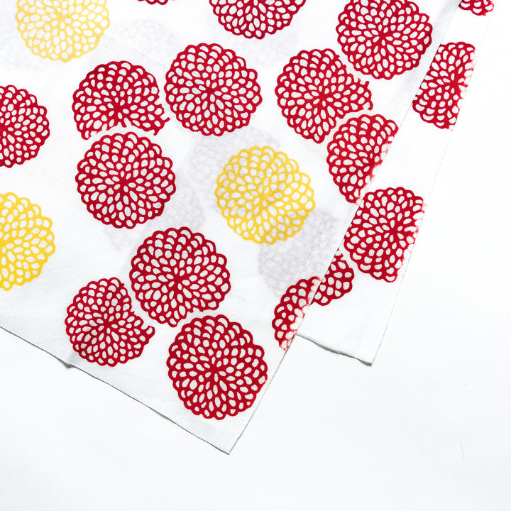 Detailed close-up of the red and yellow chrysanthemum motifs, showcasing fine circular patterns.