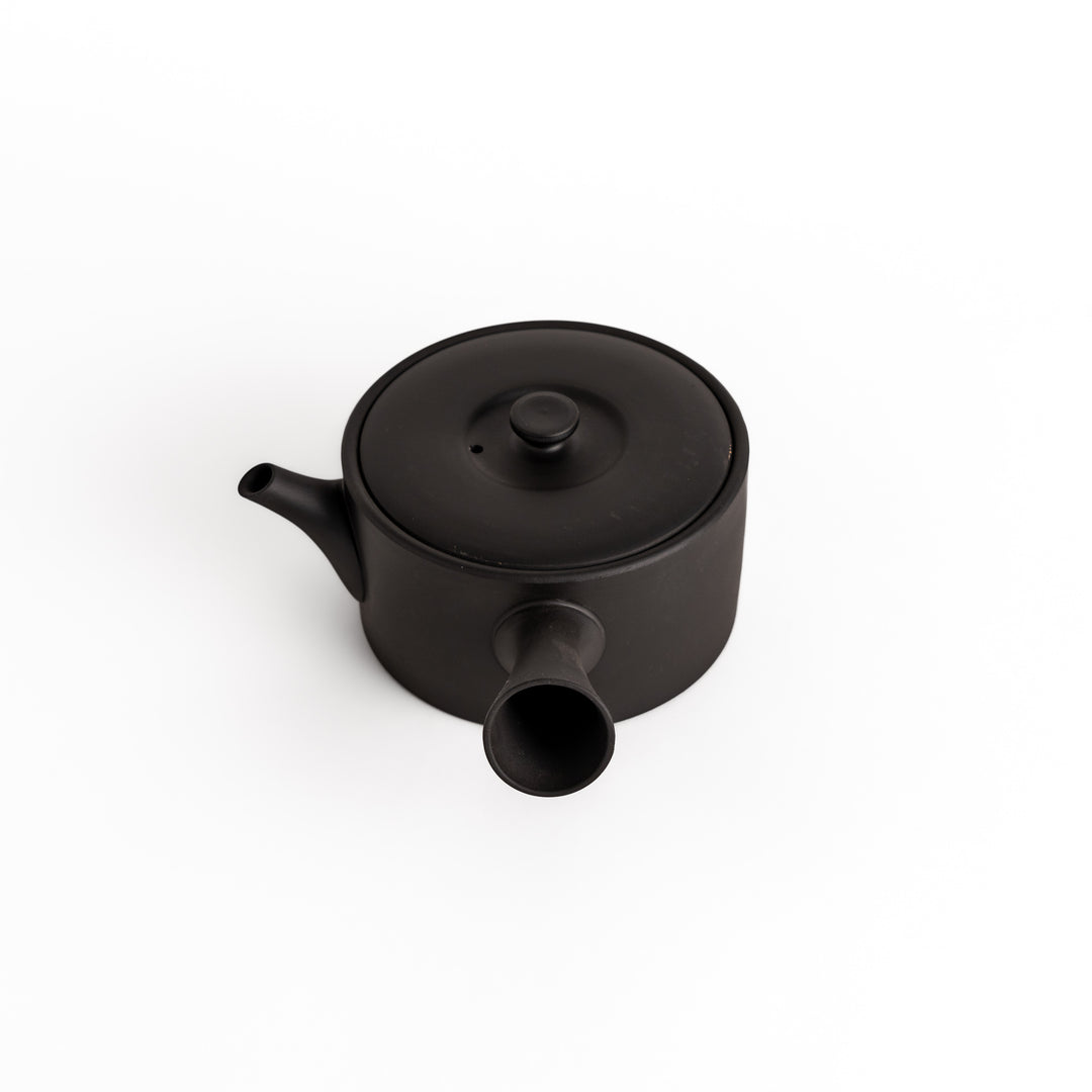 Slightly angled view of the black teapot, highlighting its elegant shape and horizontal spout and handle design.