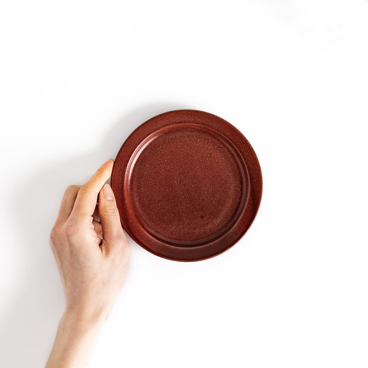 Hand-held red ceramic dessert plate showcasing its sleek glossy surface and compact size, ideal for everyday dining or special occasions.