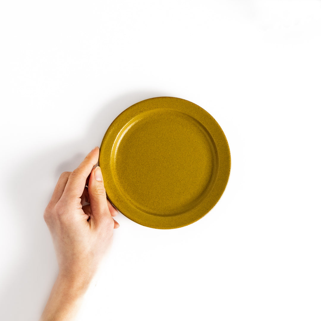 Hand-held yellow ceramic dessert plate showcasing its sleek glossy surface and compact size, ideal for everyday dining or special occasions.