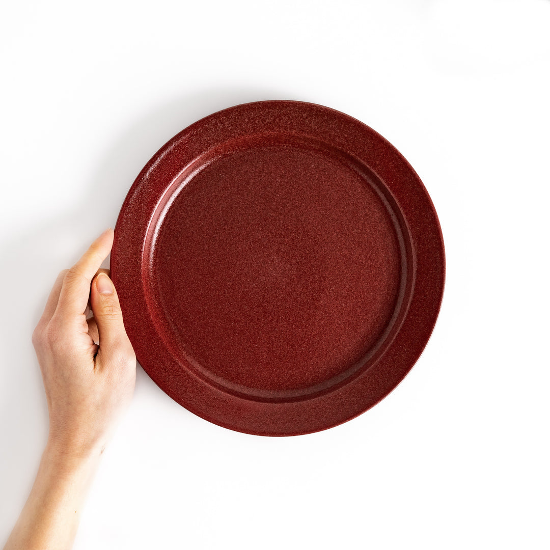 Hand holding a red ceramic dinner plate with a glossy finish, highlighting its vibrant and bold style.