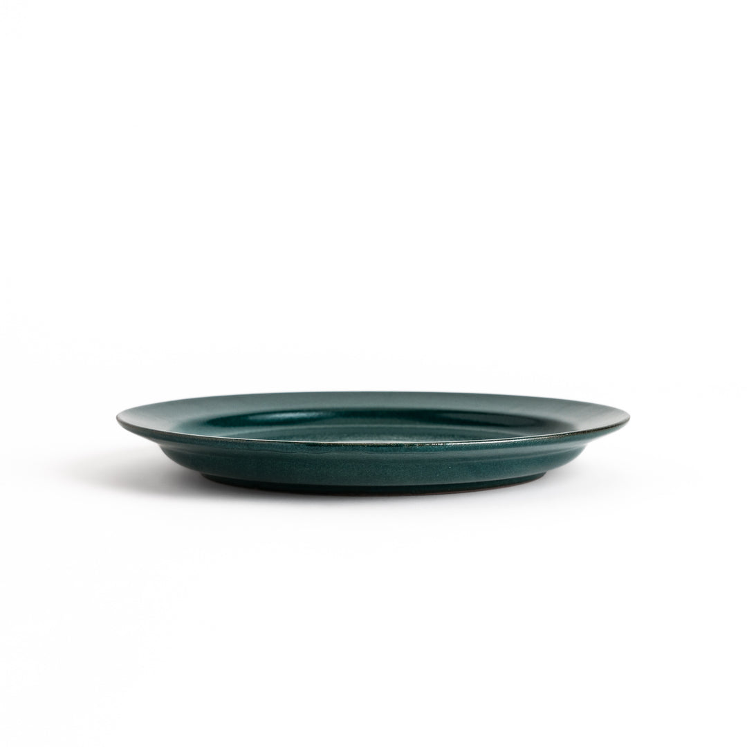 Green ceramic dinner plate with a glossy finish, showcasing a refreshing color that enhances natural or earthy table decor.