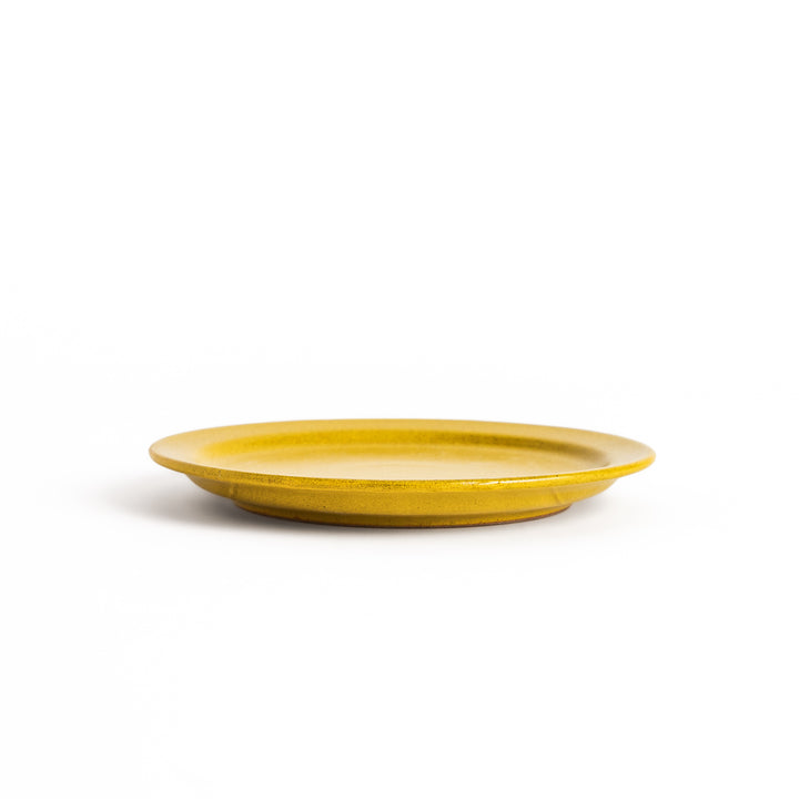 Elegant yellow salad plate with a smooth matte glaze, perfect for presenting salads or side dishes stylishly.