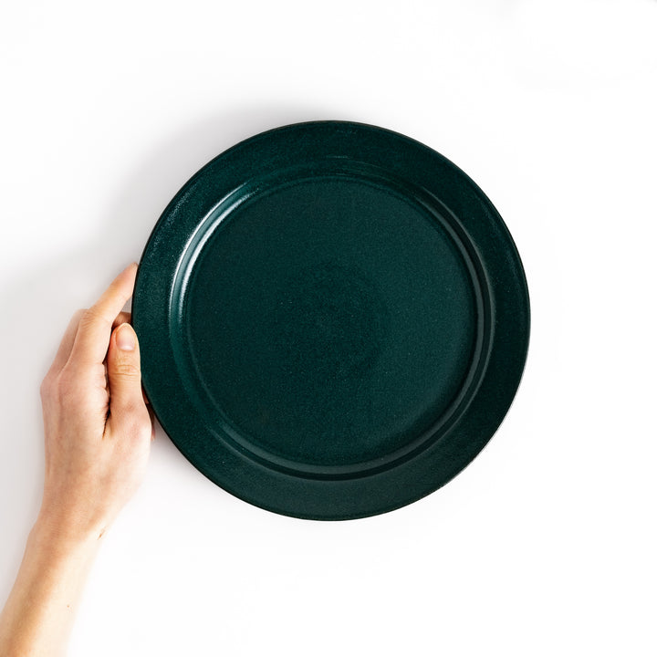 Hand holding a green ceramic dinner plate with a glossy finish, showcasing its fresh and natural appeal.