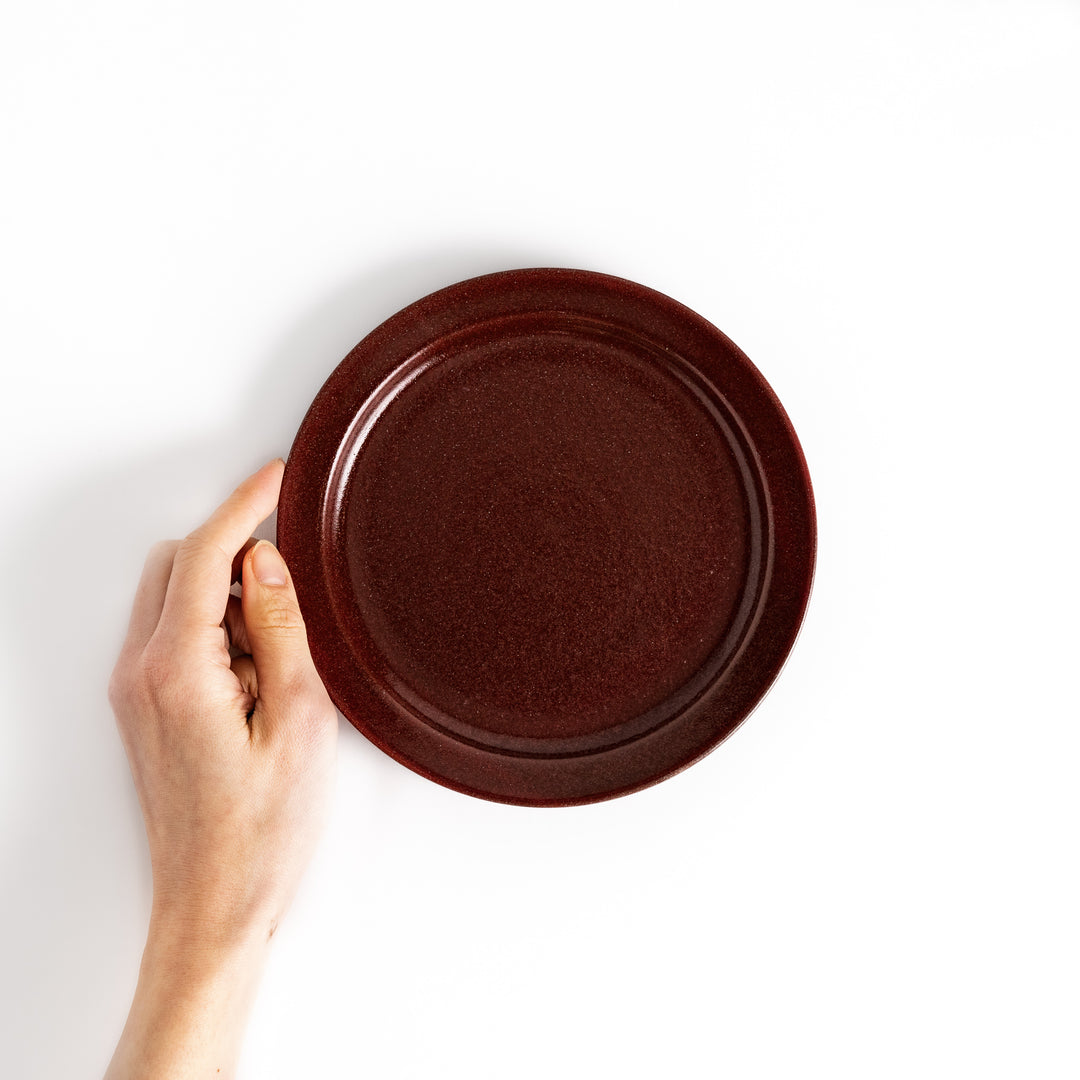 Hand holding a red salad plate, showcasing its size and versatile design ideal for salads and sides.