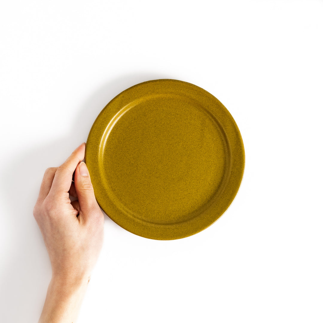 Hand holding a yellow salad plate, showcasing its size and versatile design ideal for salads and sides.