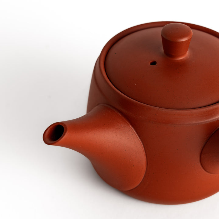 Close-up shot of the teapot, focusing on its spout, handle, and smooth finish for a detailed look.