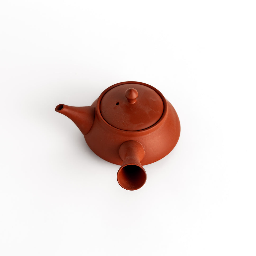 Slightly angled photo of the crimson teapot, highlighting its graceful curves and bold color.