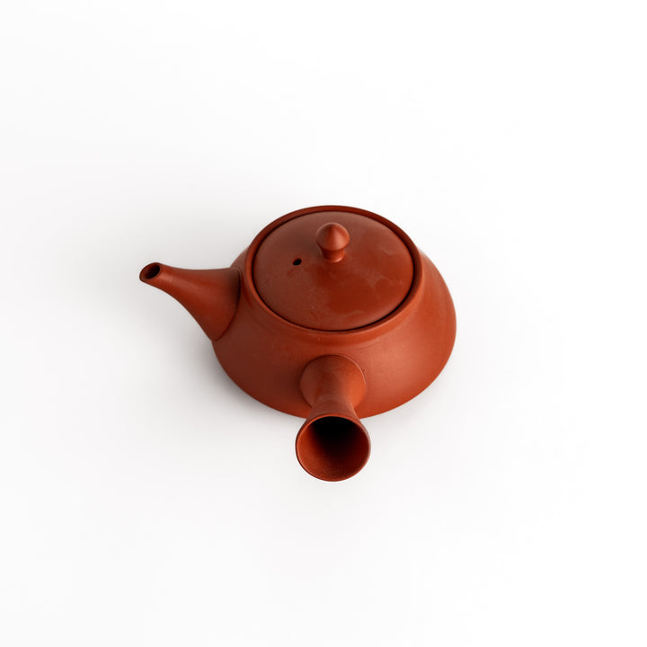 Slightly angled photo of the crimson teapot, highlighting its graceful curves and bold color.