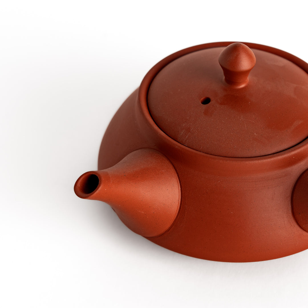 Close-up shot of the crimson teapot, focusing on its smooth finish and precise details, including the spout and lid.