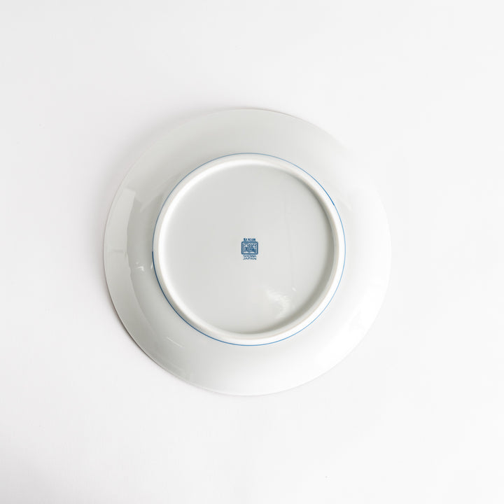 A round dinner plate displaying a blue and white lattice design, similar to traditional Japanese patterns.