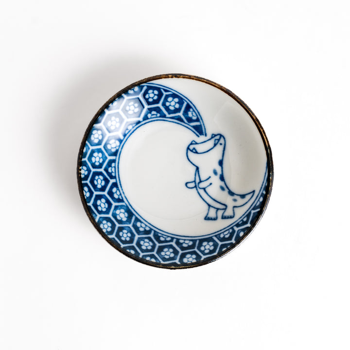 Small sauce plate with a cute dinosaur design and a traditional Japanese geometric pattern, perfect for adding a playful touch to your dining table.