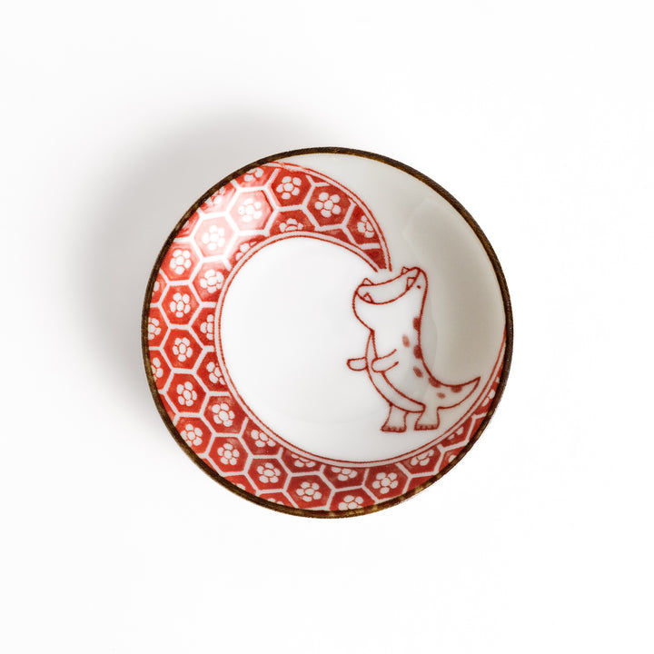 Small sauce plate with a cute dinosaur design and a traditional Japanese geometric pattern, perfect for adding a playful touch to your dining table.