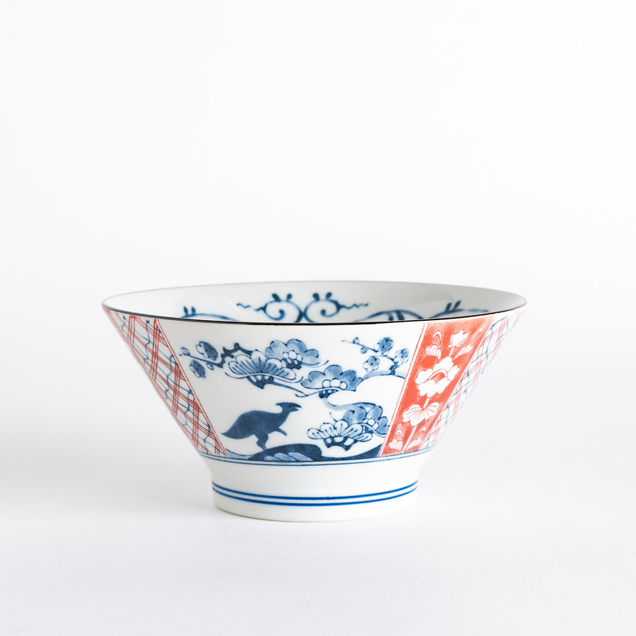 An Edo Dinosaur Donburi bowl showcasing intricate blue and red patterns featuring a dinosaur motif.