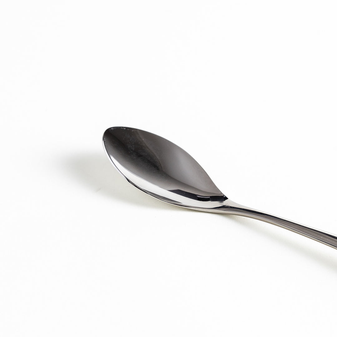 Close-up of a single polished stainless steel spoon, emphasizing the spoon's shiny reflective surface.