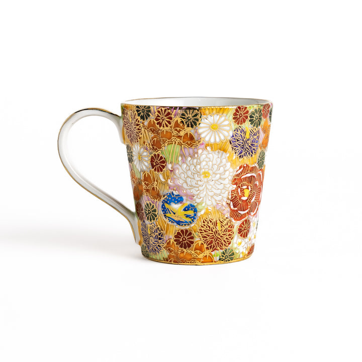 Elegant ceramic mug with a vibrant floral pattern in gold and pastel colors, perfect for adding a touch of sophistication to your daily routine.