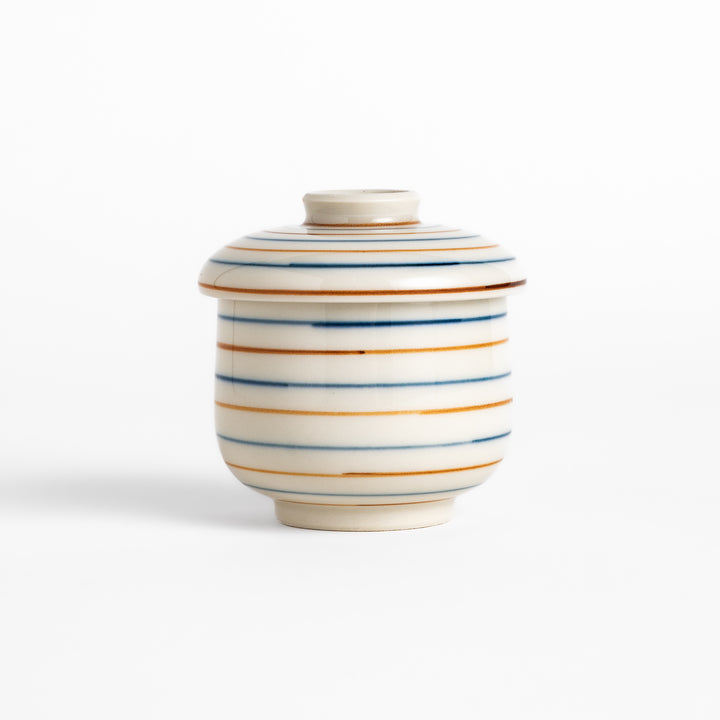 Classic Chawanmushi Bowl with a unique striped pattern and lid, ideal for enjoying savory steamed egg custard.