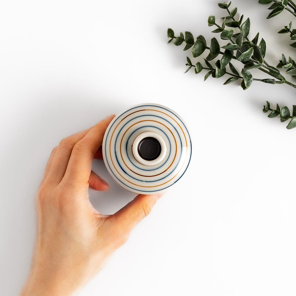 Classic Chawanmushi Bowl with a unique striped pattern and lid, ideal for enjoying savory steamed egg custard.