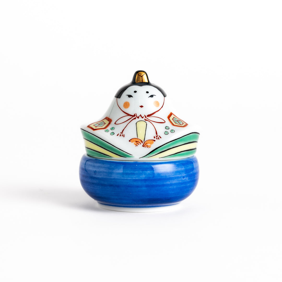 Ceramic condiment bowl with a charming traditional Japanese doll design, perfect for serving small portions of spices, sauces, or snacks.