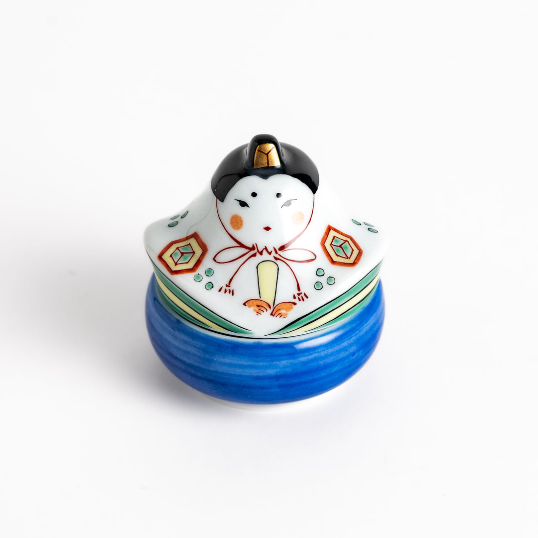 Ceramic condiment bowl with a charming traditional Japanese doll design, perfect for serving small portions of spices, sauces, or snacks.