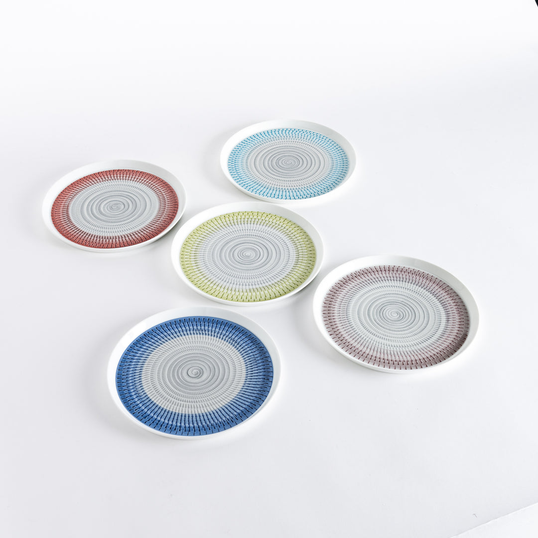 Five salad plates featuring unique concentric striped patterns in red, blue, green, yellow, and purple on white porcelain.