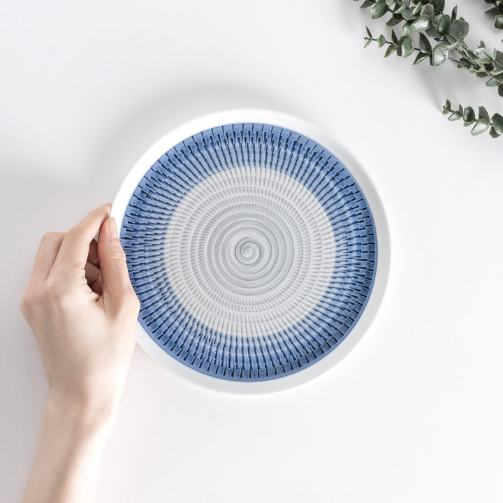 A hand holding the plate from above, showing the blue spiral design and smooth edges.