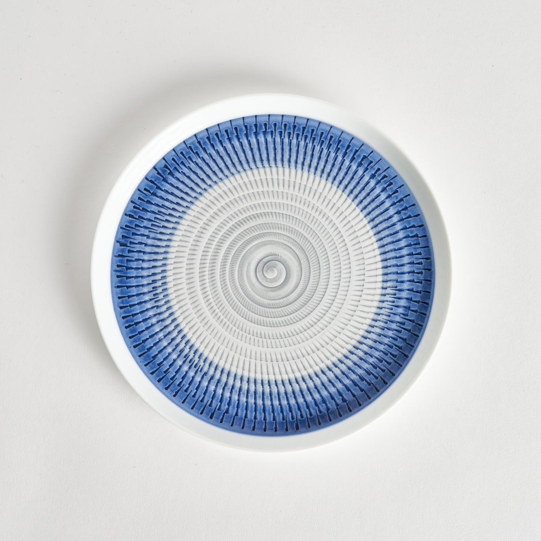 Top view of a plate featuring a bold blue spiral pattern on a white background.