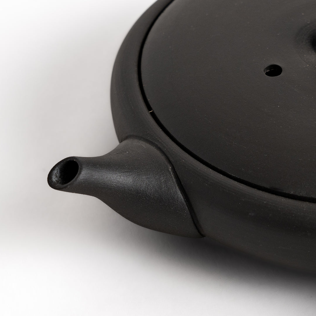 Sleek black teapot with a flat design, side handle, and minimalist aesthetic, perfect for serving tea with elegance and simplicity.