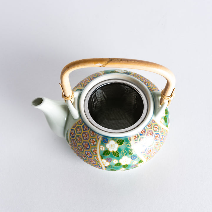 Top-down view of teapot with the lid removed, showing the interior with a floral design pattern.