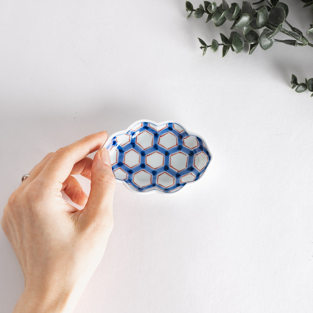 Hand holding a decorative sauce dish with a blue and red hexagonal design, surrounded by greenery on a light surface.