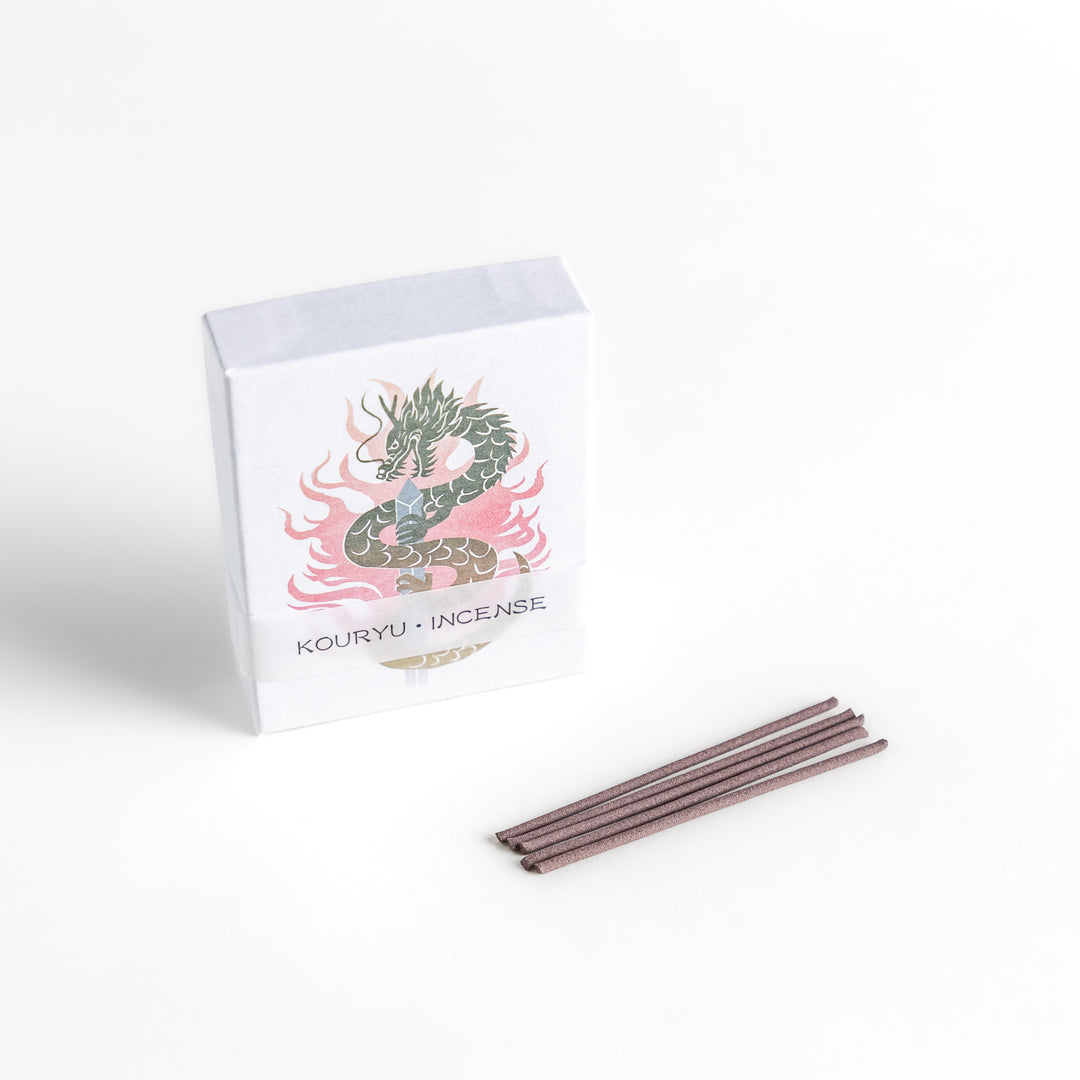 Dragon-themed incense featuring a striking illustration of a coiling dragon with fiery accents, offering a bold and aromatic experience in every stick.