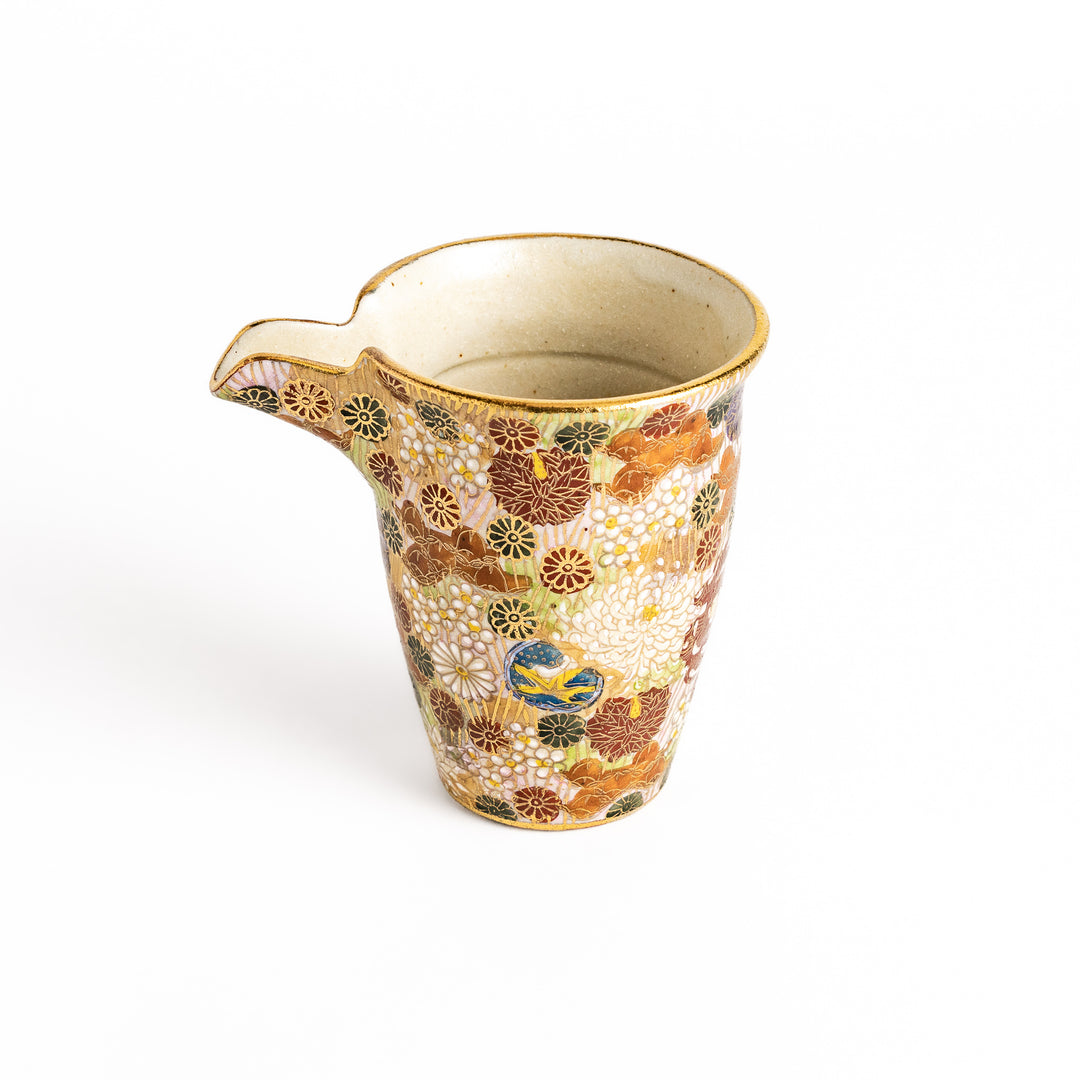 Elegant ceramic sake carafe with a vibrant floral pattern in gold and pastel colors, perfect for serving sake with a touch of sophistication.