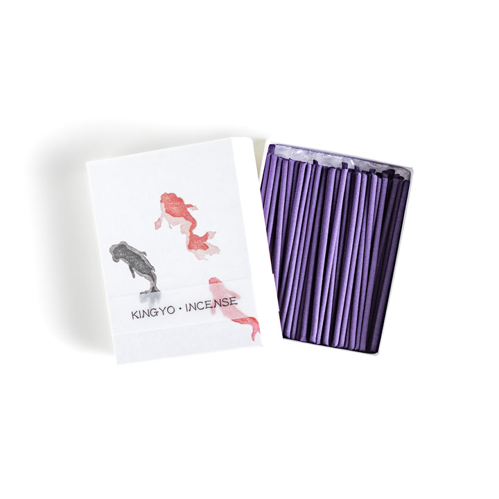 Incense featuring deep purple sticks in a box adorned with an elegant goldfish design, offering a tranquil and refreshing fragrance inspired by summer waters.