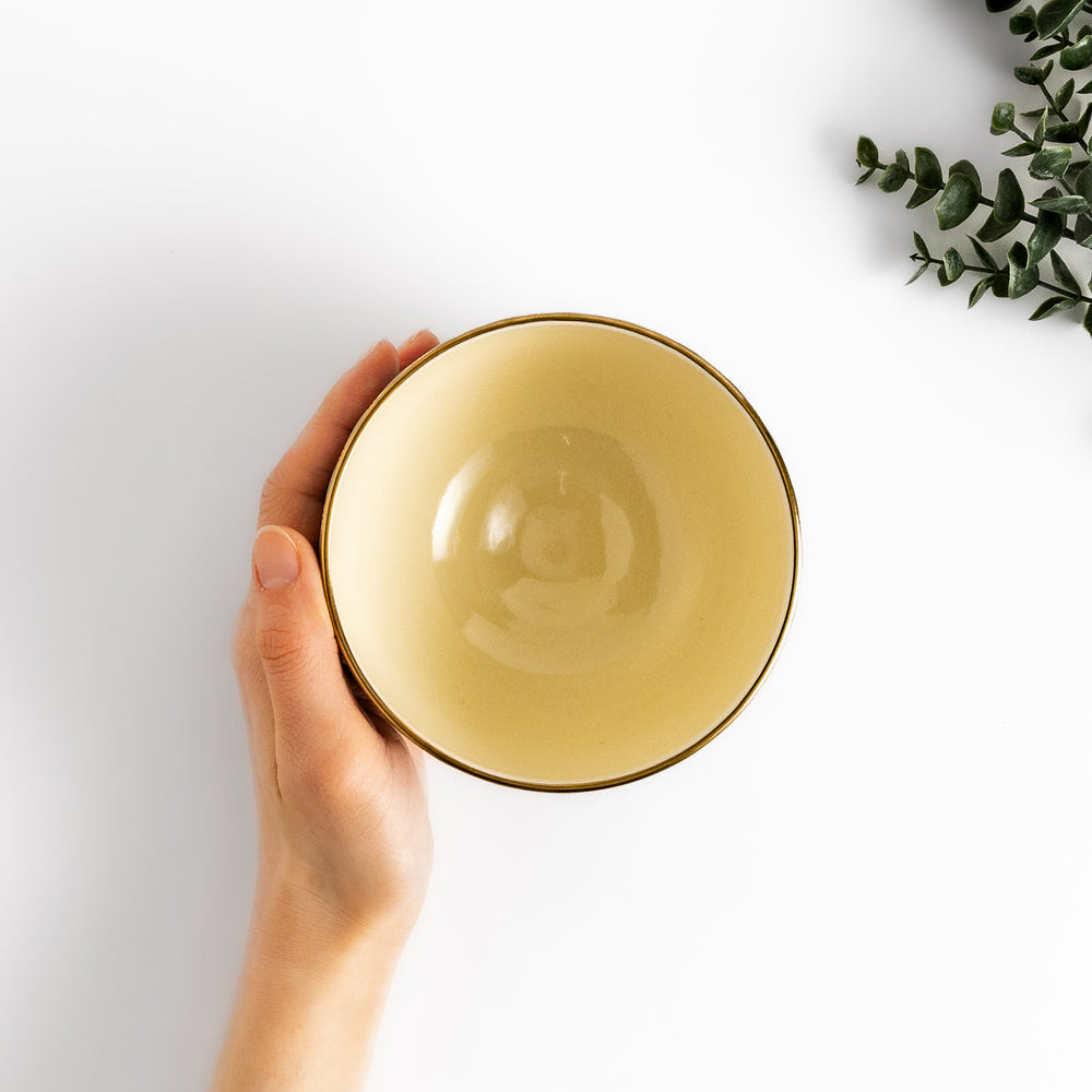 Golden Wave Matcha Bowl with a vibrant blue and gold fan pattern, featuring a smooth interior and perfect for serving matcha in style.