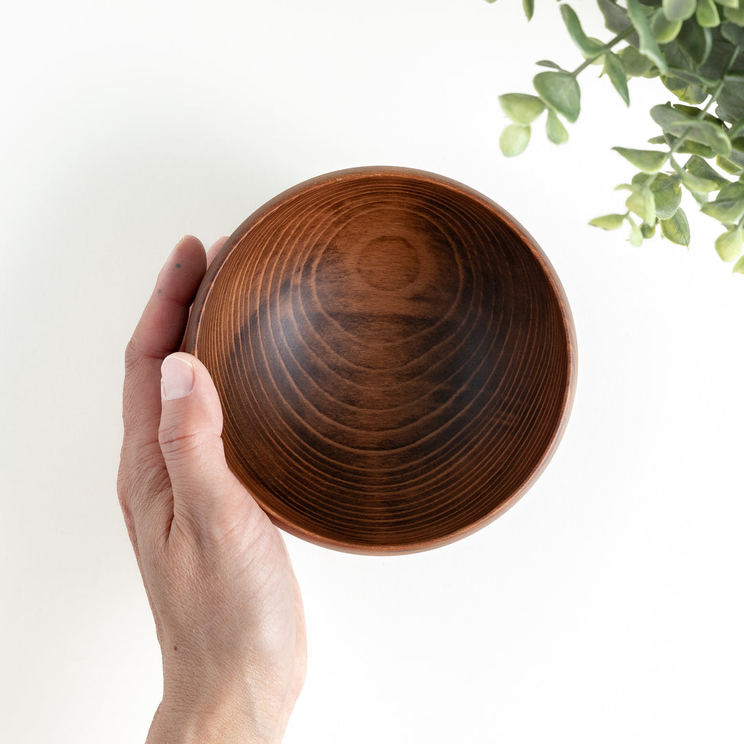 A hand holding a dark wooden bowl with smooth inner texture, surrounded by green foliage for a natural touch.