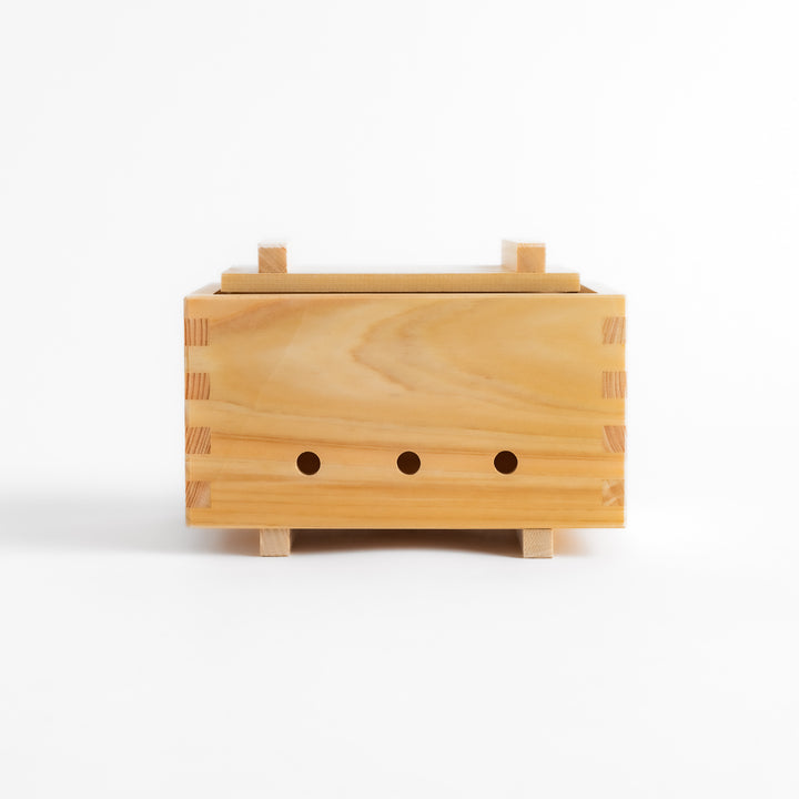 Hinoki Tofu Maker set, made of durable wood, includes tofu press, cloth, and instructions for homemade tofu.