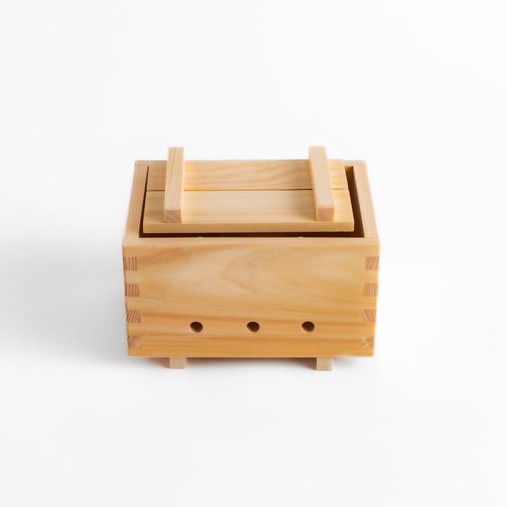 Hinoki Tofu Maker set, made of durable wood, includes tofu press, cloth, and instructions for homemade tofu.