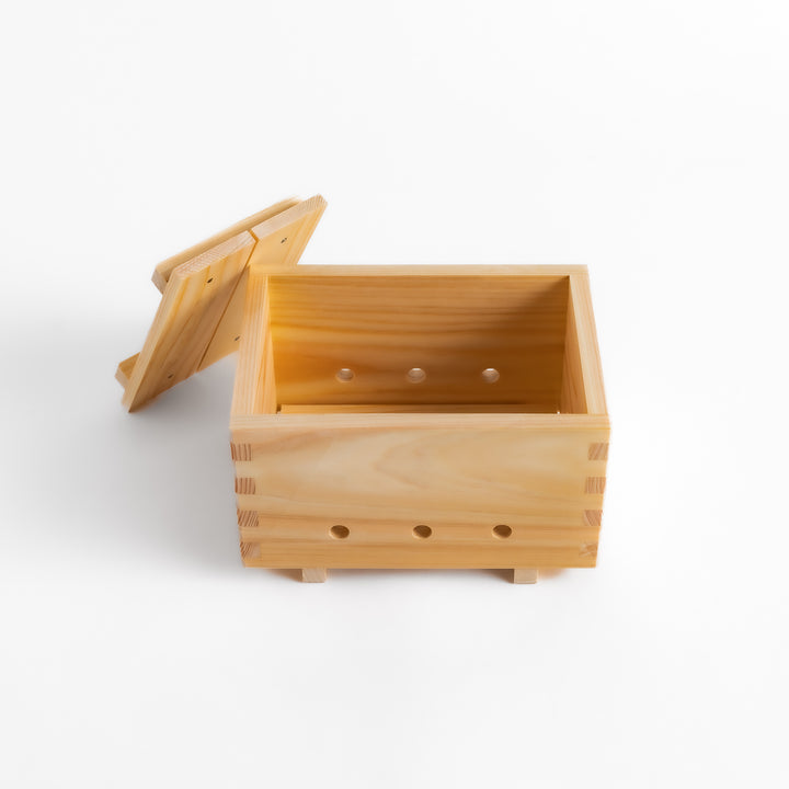 Hinoki Tofu Maker set, made of durable wood, includes tofu press, cloth, and instructions for homemade tofu.