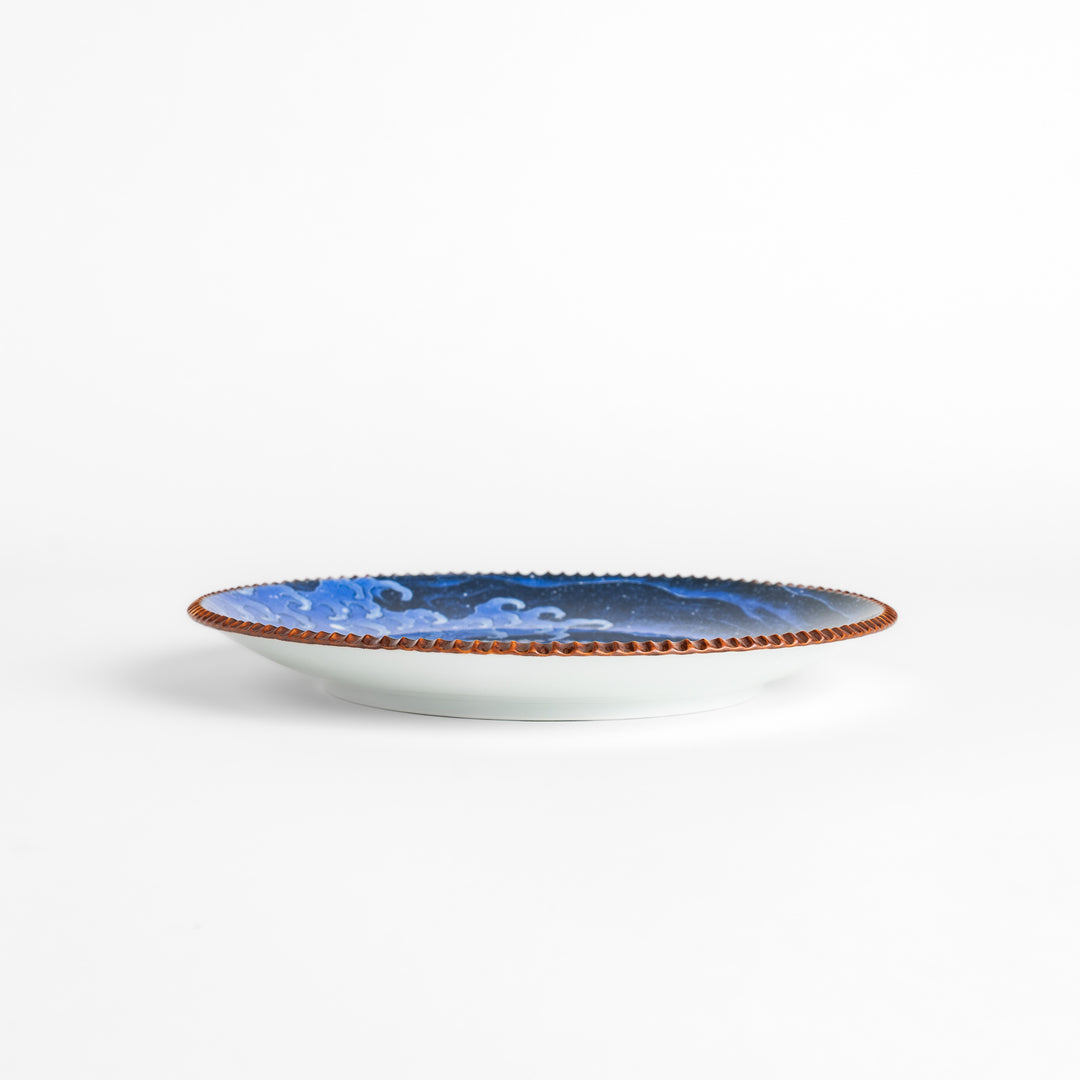 Beautiful ceramic salad plate, featuring a hand-painted Hokusai-inspired wave design, elevates any meal.