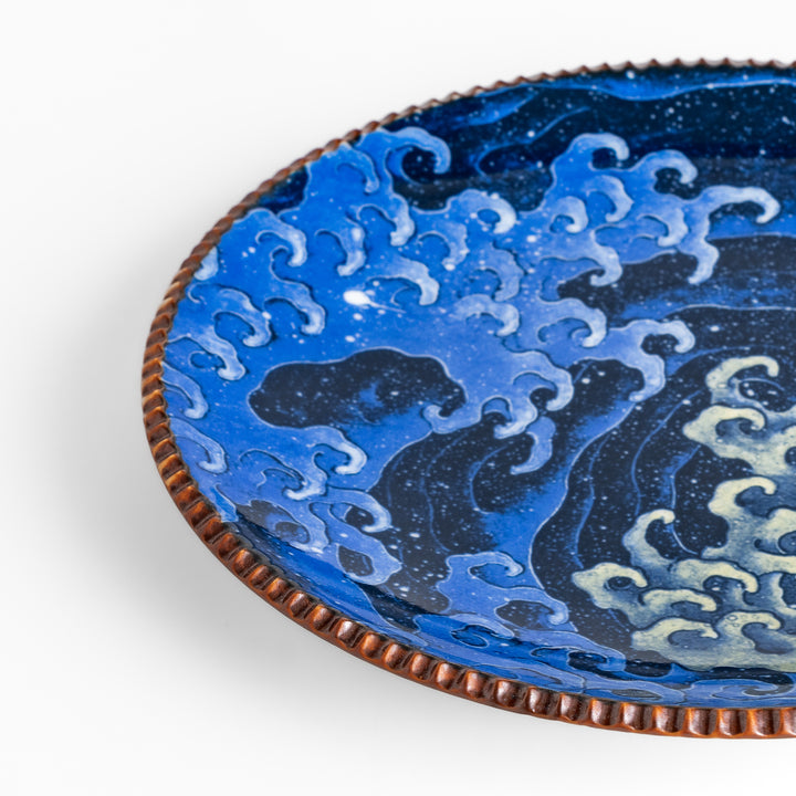 Beautiful ceramic salad plate, featuring a hand-painted Hokusai-inspired wave design, elevates any meal.