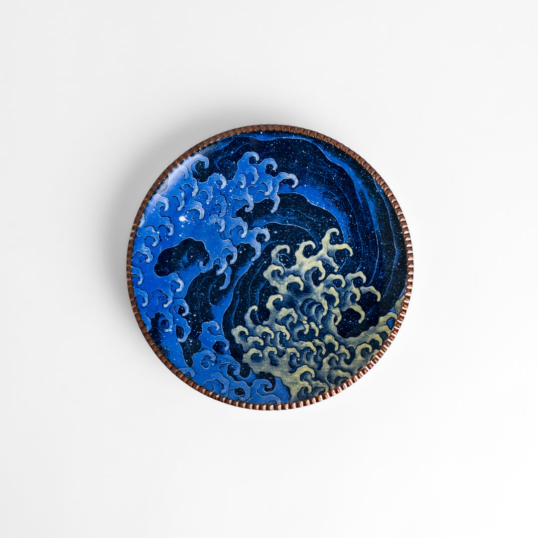 Beautiful ceramic salad plate, featuring a hand-painted Hokusai-inspired wave design, elevates any meal.