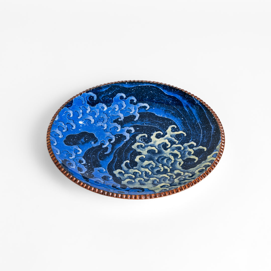 Beautiful ceramic salad plate, featuring a hand-painted Hokusai-inspired wave design, elevates any meal.